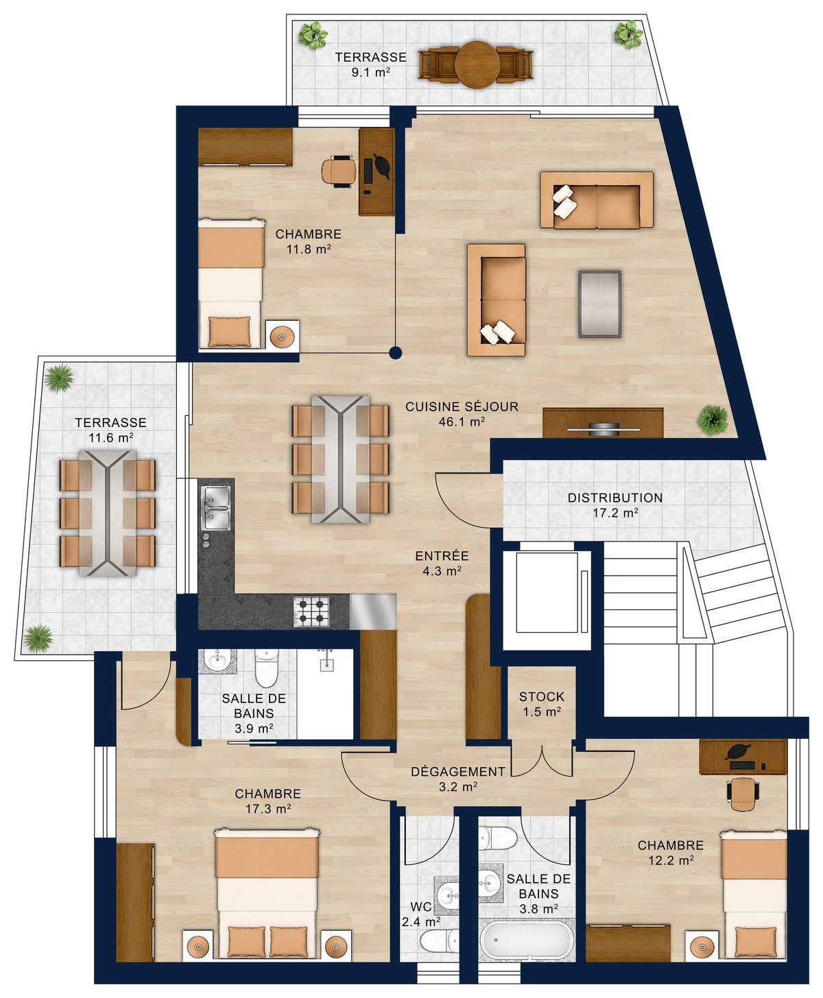 Plan Lot 2 — La Terrasse · 108,8 m² + balcons 20,7 m²